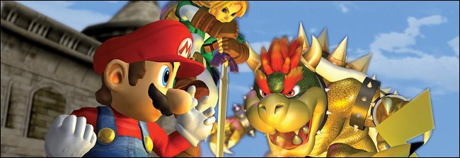 L'art officiel de la boîte pour le "Mêlée Super Smash Bros." Jeu GameCube, mettant en vedette Mario et Bowser.