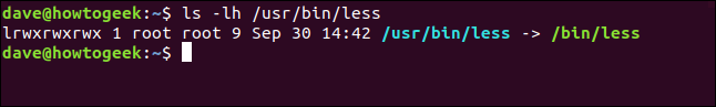 le "ls -lh / usr / bin / less" commande dans une fenêtre de terminal.