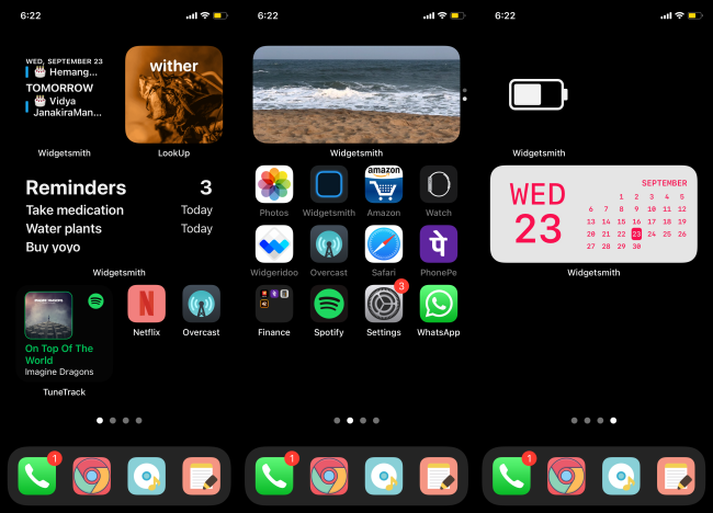 Divers widgets Widgetsmith sur l'écran d'accueil de l'iPhone