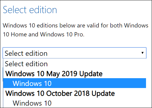 Sélectionnez une édition de Windows 10 à télécharger.