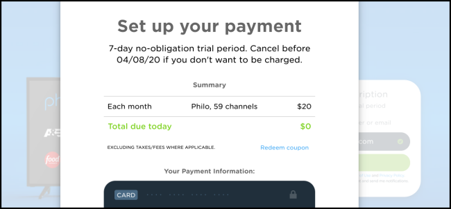 le "Configurez votre paiement" page sur Philo.