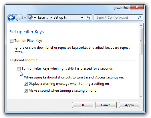 Désactiver les clés de filtre