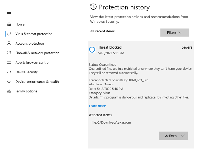 Une vue détaillée d'une menace dans l'historique de protection sous Windows 10