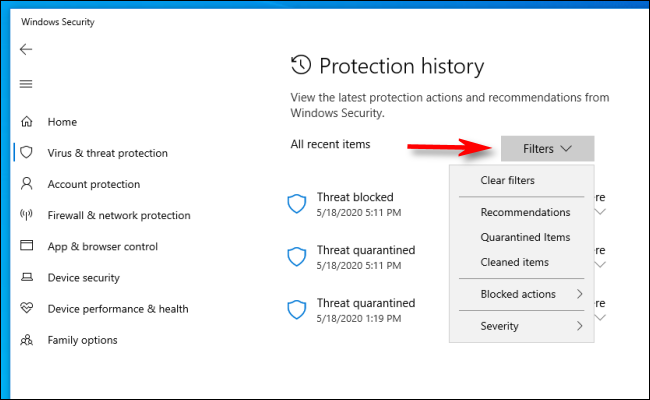 Cliquez sur les filtres dans l'historique de la protection sous Windows 10