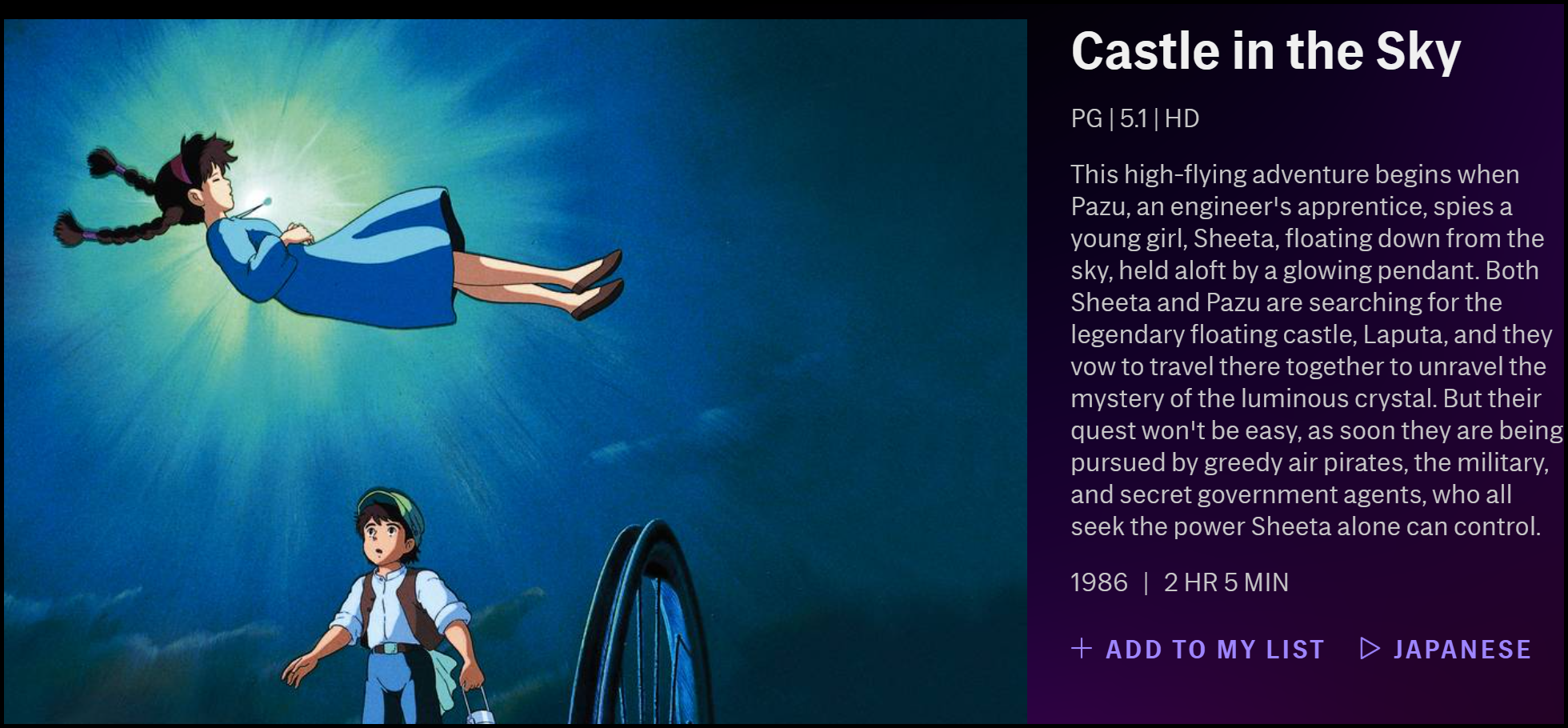 La description de "Chateau dans LE ciel" sur HBO Max.