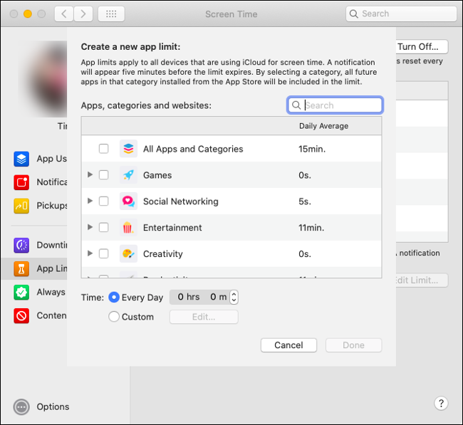 le "Créer une nouvelle limite d'application" menu dans l'application Temps d'écran.