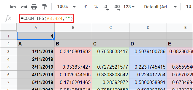 La fonction COUNTIFS utilisée dans une feuille de calcul Google Sheets
