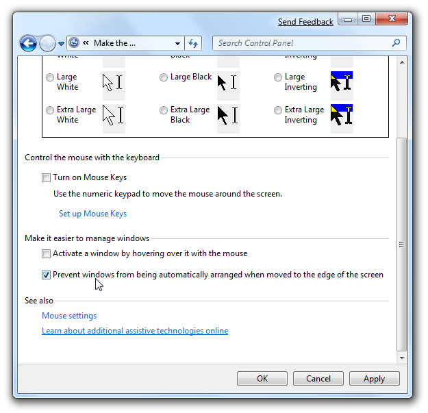 Panneau de souris pour la facilité d'accès de Windows 7