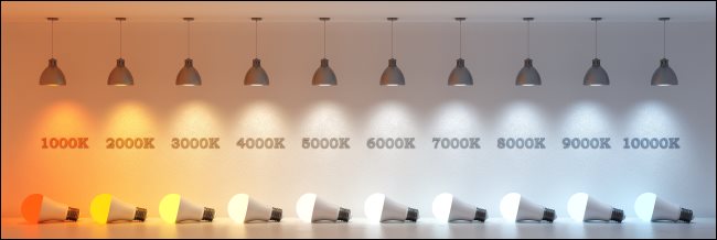 Une ligne d'ampoules indiquant des températures lumineuses de 1 000 à 10 000 Kelvins.