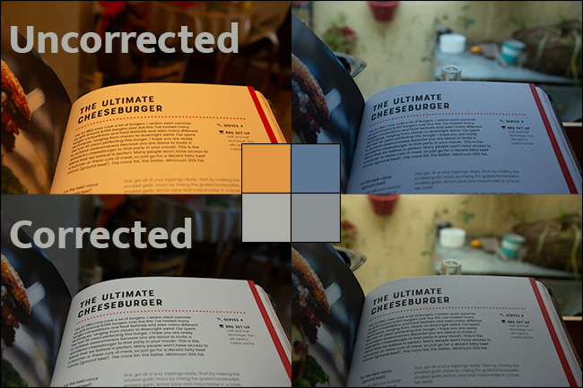 Quatre plans de la même page dans un livre montrant différents niveaux de balance des blancs.