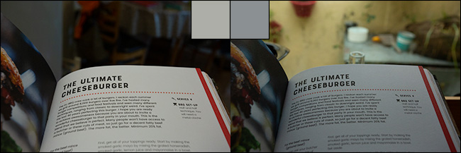 Deux images de la même page d'un livre, avant et après correction de la balance des blancs.