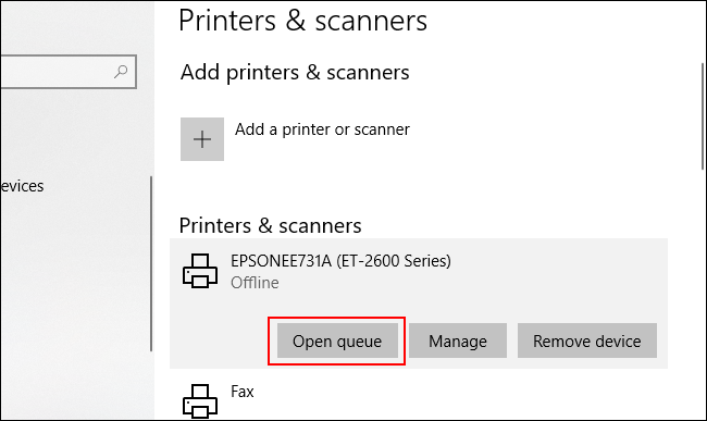 Cliquez sur votre imprimante et cliquez sur Ouvrir la file d'attente pour ouvrir la file d'attente de l'imprimante