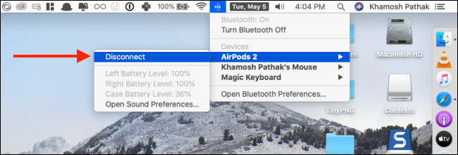 Cliquez sur Se déconnecter du menu Bluetooth des AirPods sur Mac