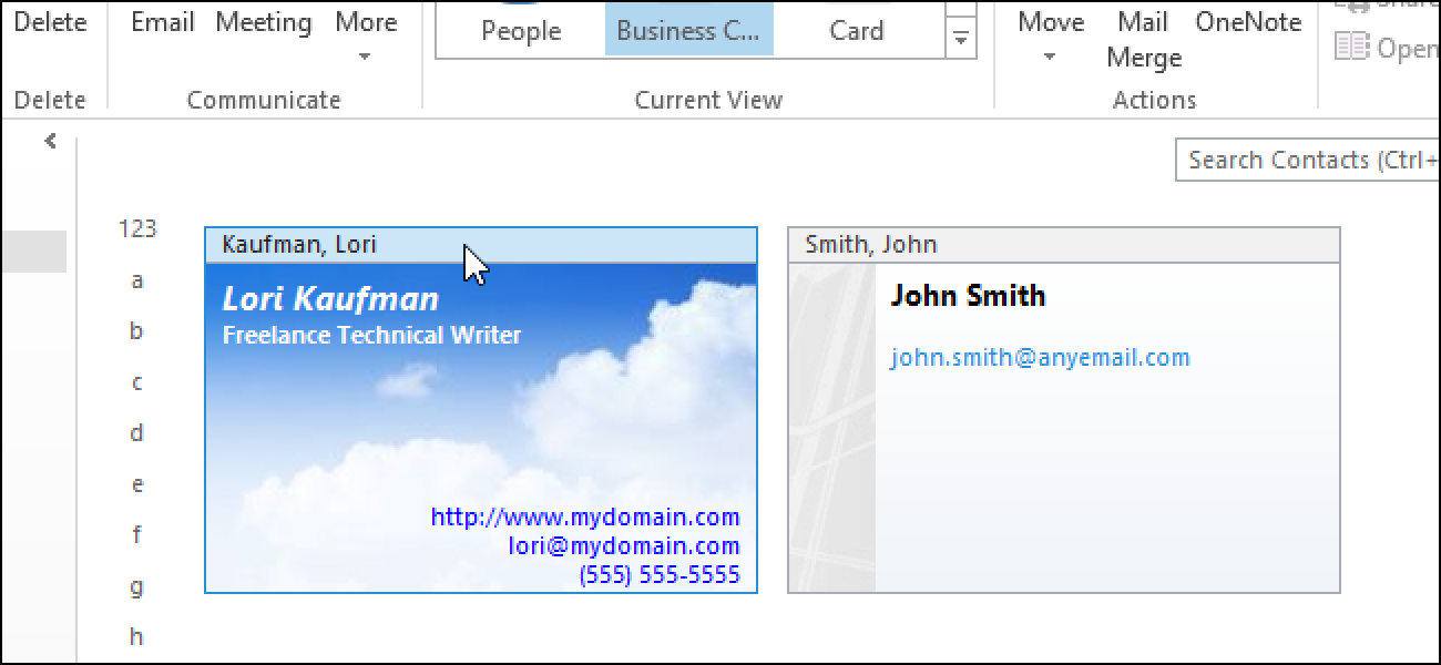 Comment appliquer un modèle de carte de visite à un contact et le personnaliser dans Outlook 2013