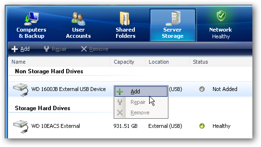 Sauvegarder les dossiers Windows Home Server sur un disque dur externe