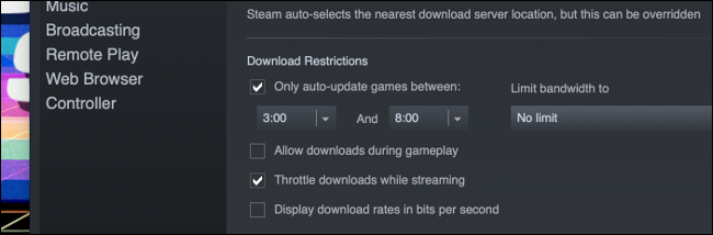 "Restrictions de téléchargement" dans les paramètres Steam, en planifiant les téléchargements entre des heures spécifiques.