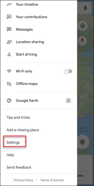Sous-menu Google Maps avec légende des paramètres
