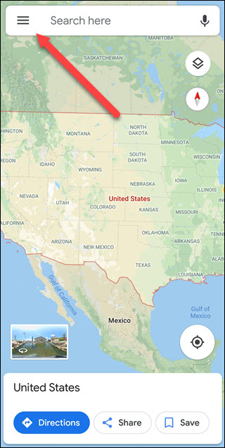 Application Google Maps avec une flèche pointant vers le menu Hamburger