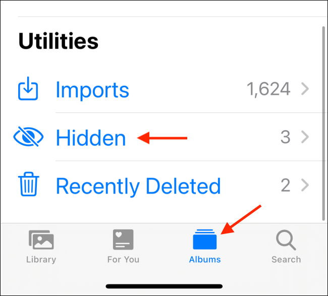 Robinet "Albums," puis appuyez sur "Caché" pour afficher des photos cachées sur iOS.