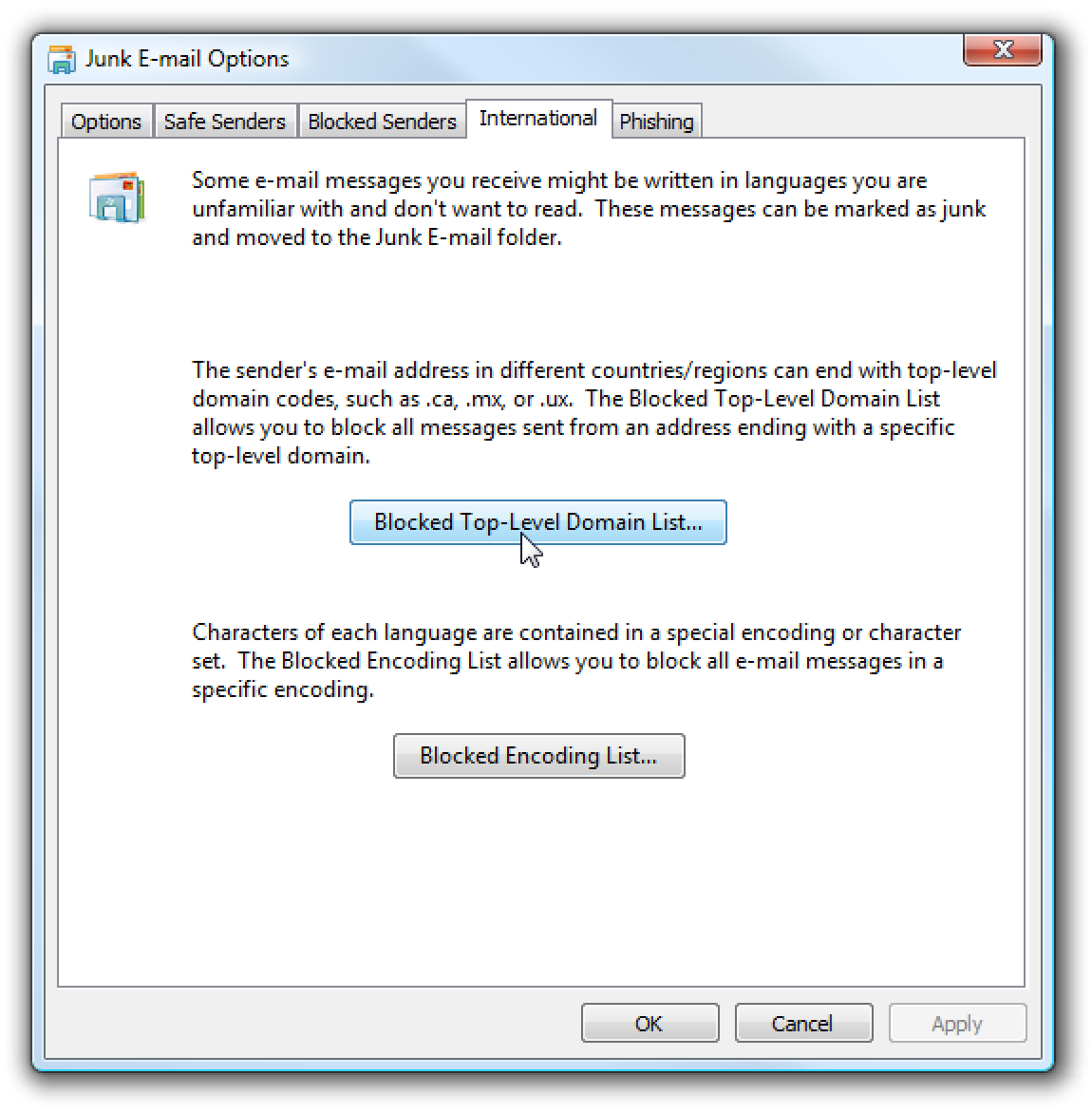 Bloquer le spam des expéditeurs internationaux dans Windows Vista Mail
