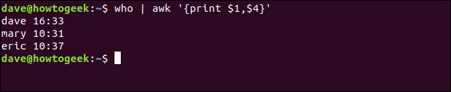 le "qui |  awk '{print $ 1, $ 4}'" commande dans une fenêtre de terminal.