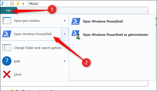 Cliquez sur "Fichier," survoler "Ouvrez Windows PowerShell," puis cliquez sur votre option préférée. 