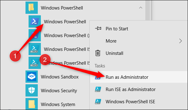 Clic-droit "Windows PowerShell," puis cliquez sur "Exécuter en tant qu'administrateur."