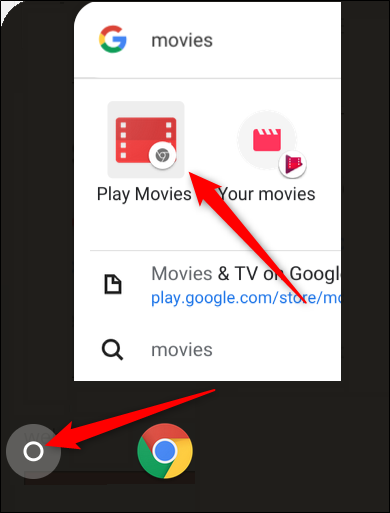 Cliquez sur le lanceur, commencez à taper Films, puis cliquez sur l'application Chrome Play Films, c'est celle avec l'icône Chrome grise dans le coin inférieur droit