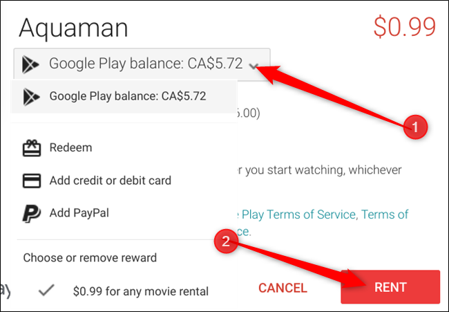 Par défaut, Google Pay ballance est utilisé en premier, si vous souhaitez modifier cela, cliquez sur le menu déroulant, sélectionnez un mode de paiement, puis cliquez sur Louer