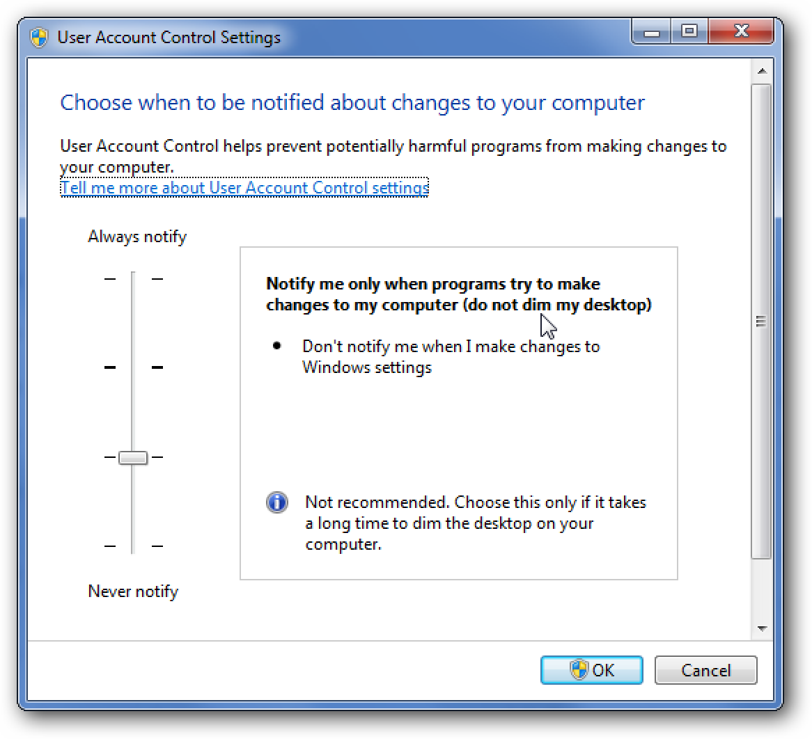 Faire en sorte que le contrôle de compte d'utilisateur (UAC) arrête de noircir l'écran sous Windows 7 ou Vista