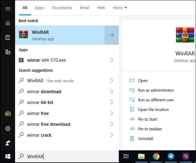Raccourci WinRAR dans le menu Démarrer de Windows 10