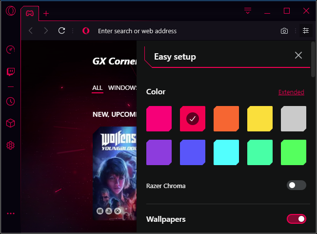 Options de couleur Opera GX et Razer Chroma