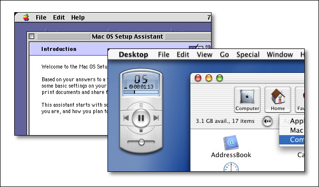 Une interface Apple Mac OS 9 et une interface Mac OS X Public Beta.