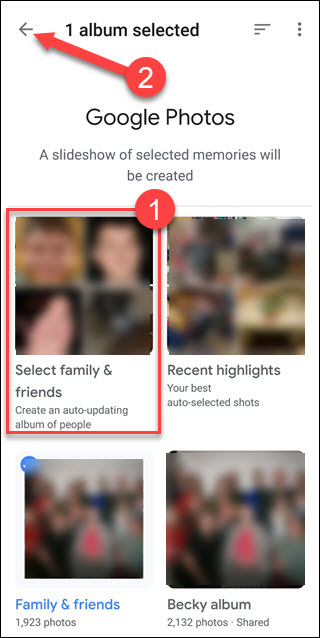Paramètres Google Photos avec appel autour de l'option Sélectionner la famille et les amis
