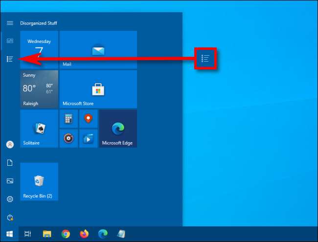 Dans le menu Démarrer de Windows 10, cliquez sur le bouton Liste des applications.