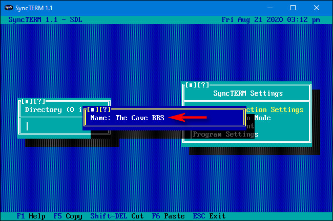 Dans "SyncTERM 1.1," tapez le nom du BBS, puis appuyez sur Entrée.