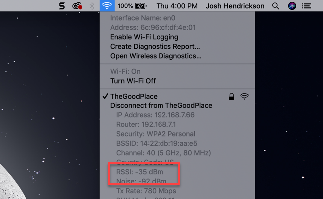 Sous-menu MacOS Wi-Fi affichant l'entrée RSSI mesurée en dBm.