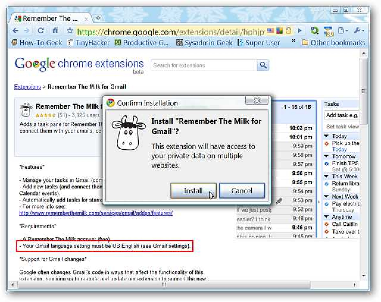 Ajouter un volet des tâches Remember The Milk à Gmail dans Chrome