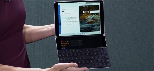 L'appareil Surface Neo de Microsoft avec son clavier attaché et la Wunderbar visible.