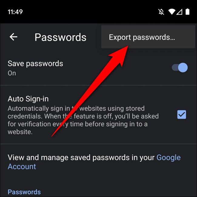 Option de mots de passe d'exportation Android Chrome