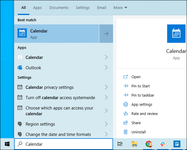 Lancement de l'application Calendrier de Windows 10 à partir du menu Démarrer.