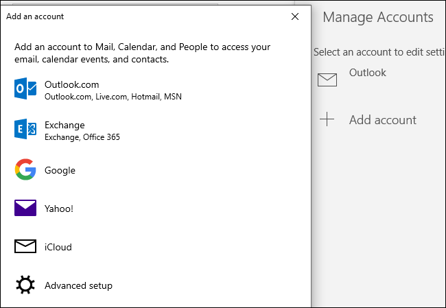 Ajout d'un compte Outlook.com, Exchange, Google, Yahoo !, ou iCloud au calendrier de Windows 10.