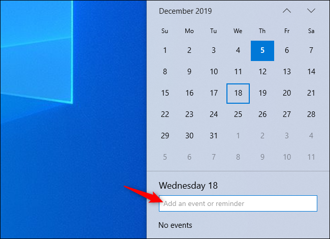 Ajout d'un événement à votre calendrier à partir du panneau de l'horloge de la barre des tâches Windows 10.