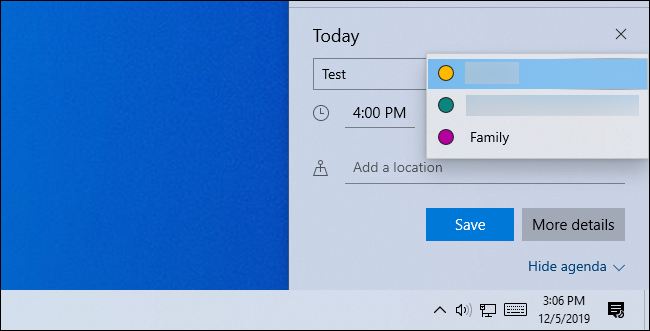 Choisir un calendrier Google pour un événement dans la fenêtre contextuelle de l'horloge de Windows 10.