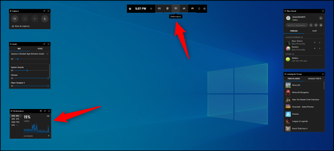 Recherche du volet Performances dans la barre de jeu de Windows 10.