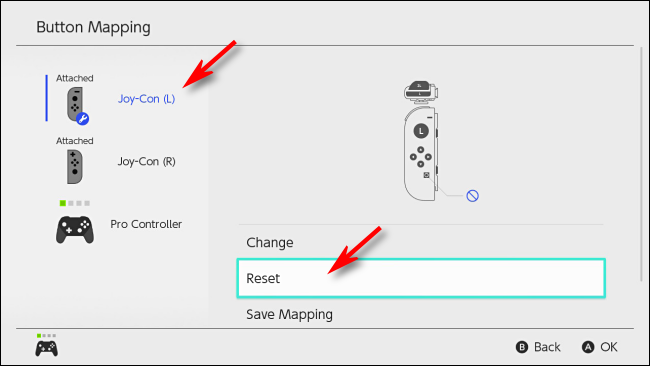 Sélectionnez Réinitialiser pour réinitialiser le mappage des boutons sur Nintendo Switch