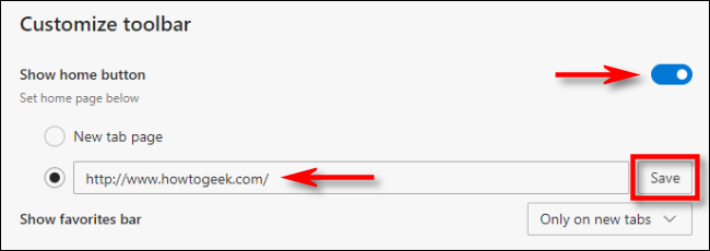 Dans Paramètres Edge, cliquez sur "Afficher le bouton Accueil," puis entrez une URL pour votre page d'accueil.  Puis clique "Sauver."