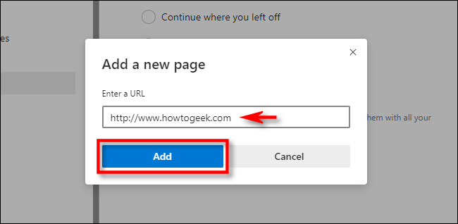 Dans Paramètres Edge, saisissez une adresse de site Web, puis cliquez sur "Ajouter."