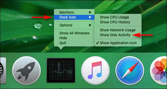 Sélectionner "Afficher l'activité du disque" dans les options de la station d'accueil du moniteur d'activité Mac