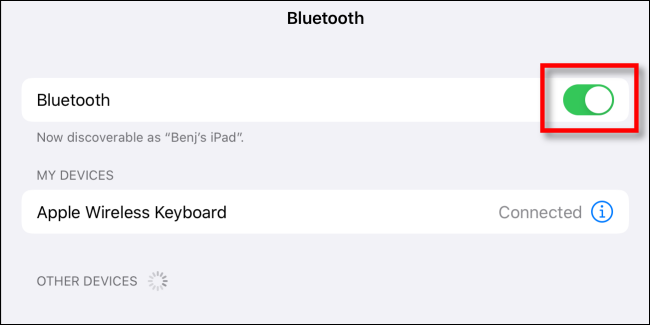 Désactiver le commutateur Bluetooth dans les paramètres de l'iPad